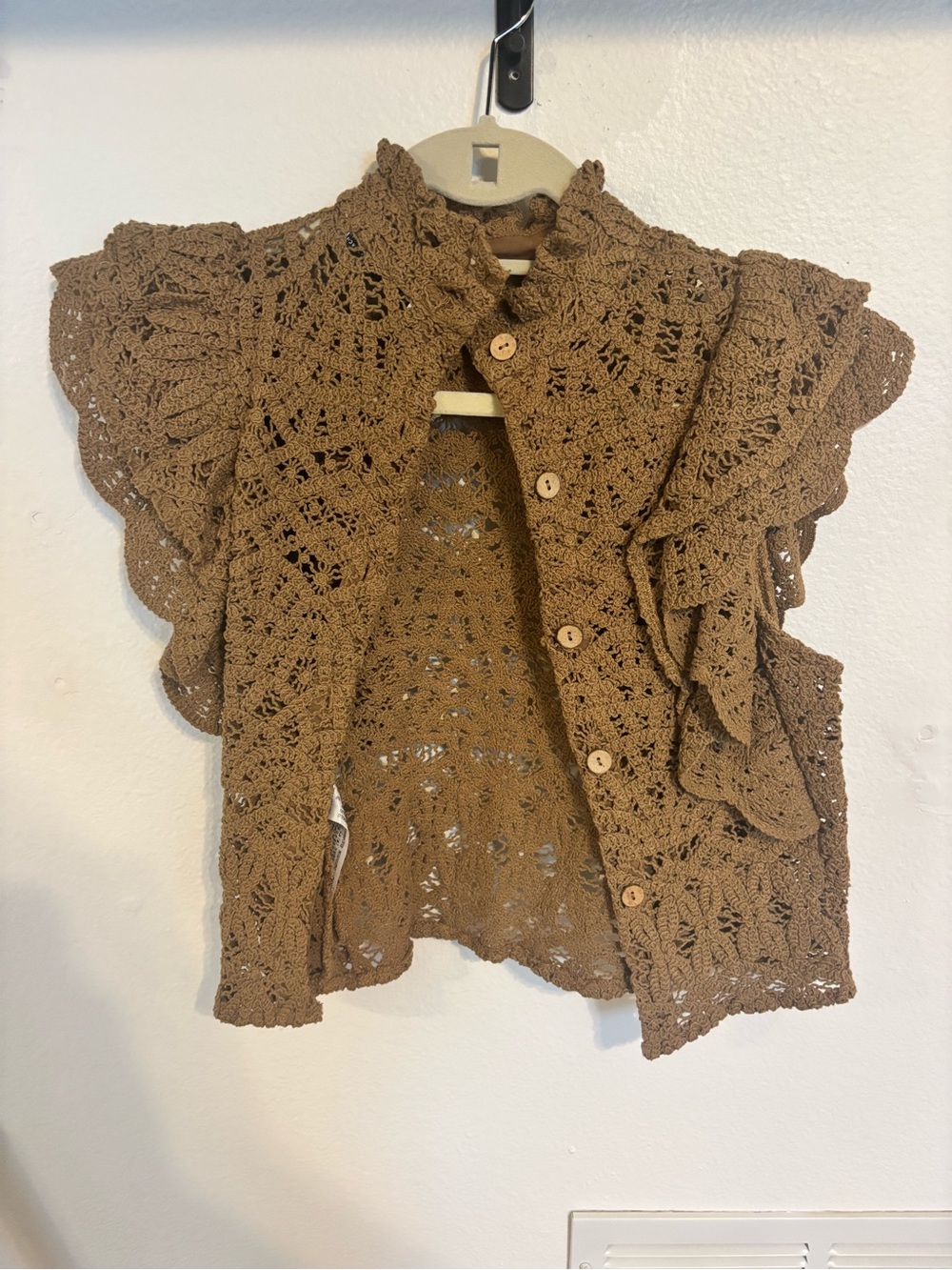 Zara Crochet Ruffle Button-Front Vest - Brown